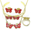 Oro Laminado Necklace, Bracelet, Earring and Ring, Gold Filled Style Butterfly Design, Red Enamel Finish, Golden Finish, 06.361.0036