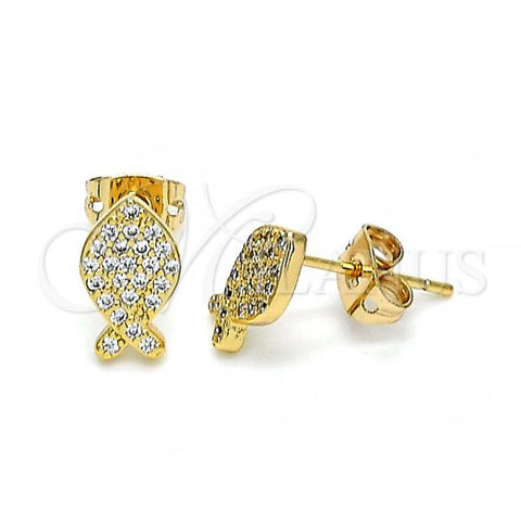 Oro Laminado Stud Earring, Gold Filled Style Fish Design, with White Micro Pave, Polished, Golden Finish, 02.213.0265