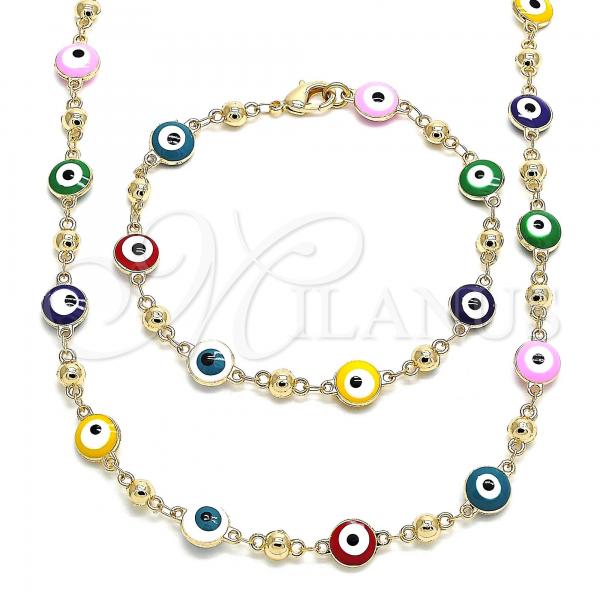 Oro Laminado Necklace and Bracelet, Gold Filled Style Evil Eye Design, Multicolor Enamel Finish, Golden Finish, 06.213.0008.1