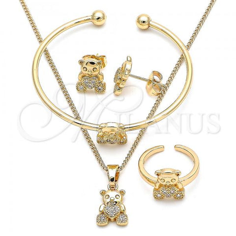 Oro Laminado Earring and Pendant Children Set, Gold Filled Style Teddy Bear and Heart Design, with White Micro Pave, Polished, Golden Finish, 06.210.0021