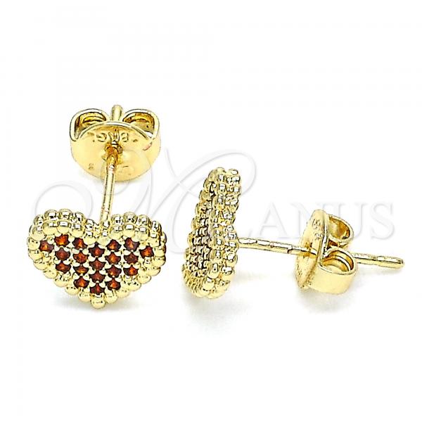 Oro Laminado Stud Earring, Gold Filled Style Heart Design, with Garnet Micro Pave, Polished, Golden Finish, 02.156.0446.2