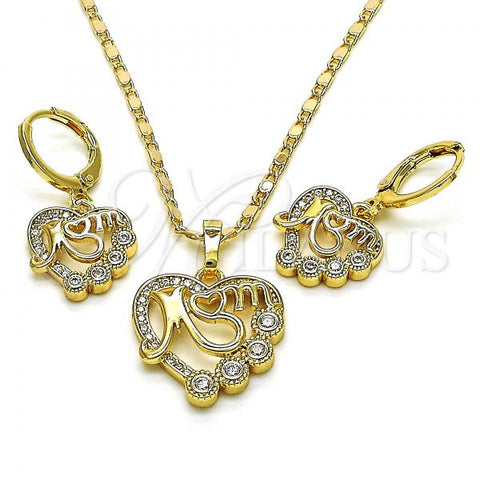 Oro Laminado Earring and Pendant Adult Set, Gold Filled Style Heart and Mom Design, with White Cubic Zirconia and White Micro Pave, Polished, Golden Finish, 10.196.0067