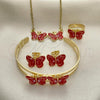 Oro Laminado Necklace, Bracelet, Earring and Ring, Gold Filled Style Butterfly Design, Red Enamel Finish, Golden Finish, 06.361.0036