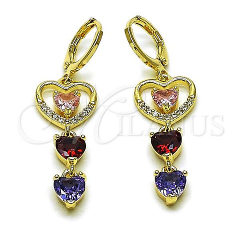 Oro Laminado Long Earring, Gold Filled Style Heart Design, with Multicolor Cubic Zirconia and White Micro Pave, Polished, Golden Finish, 02.196.0250