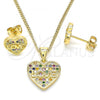 Oro Laminado Earring and Pendant Adult Set, Gold Filled Style Heart and Love Design, with Multicolor Cubic Zirconia, Polished, Golden Finish, 10.342.0019.1