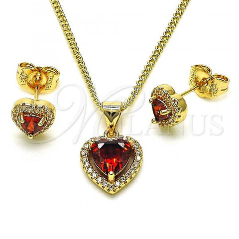 Oro Laminado Earring and Pendant Adult Set, Gold Filled Style Heart and Cluster Design, with Garnet Cubic Zirconia and White Micro Pave, Polished, Golden Finish, 10.156.0460