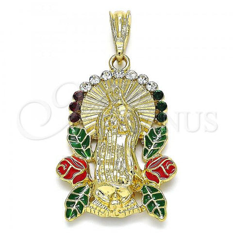 Oro Laminado Religious Pendant, Gold Filled Style Guadalupe Design, with Multicolor Crystal, Red Enamel Finish, Golden Finish, 05.380.0015