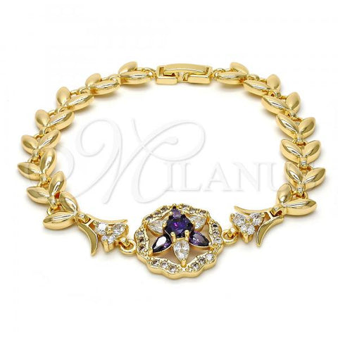Oro Laminado Fancy Bracelet, Gold Filled Style Flower and Leaf Design, with Amethyst and White Cubic Zirconia, Polished, Golden Finish, 03.210.0042.2.08