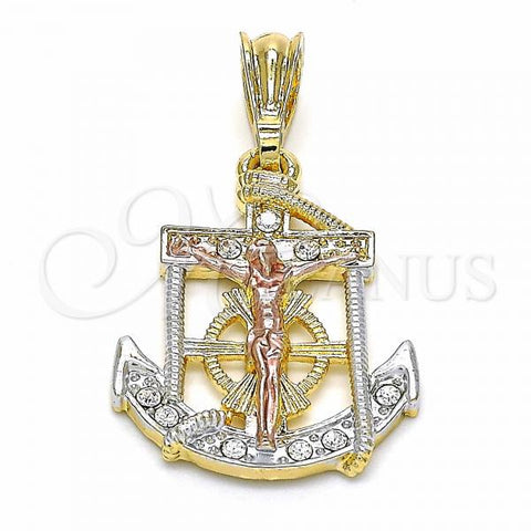 Oro Laminado Religious Pendant, Gold Filled Style Anchor and Cross Design, with White Crystal, Polished, Tricolor, 05.351.0053