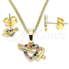 Oro Laminado Earring and Pendant Adult Set, Gold Filled Style Heart Design, with Multicolor Micro Pave, Polished, Golden Finish, 10.233.0044.2
