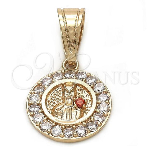 Oro Laminado Religious Pendant, Gold Filled Style Santa Barbara Design, with White and Garnet Cubic Zirconia, Polished, Golden Finish, 05.120.0052