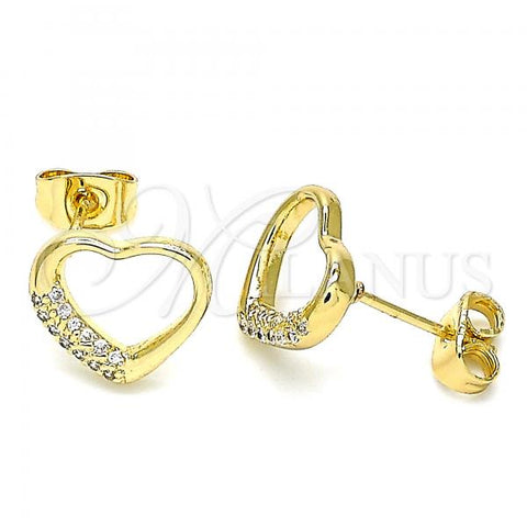 Oro Laminado Stud Earring, Gold Filled Style Heart Design, with White Micro Pave, Polished, Golden Finish, 02.344.0052