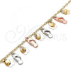 Oro Laminado Charm Anklet , Gold Filled Style Shoes and Flower Design, with White Crystal, Polished, Tricolor, 03.331.0114.10