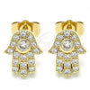 Oro Laminado Stud Earring, Gold Filled Style Hand of God Design, with White Micro Pave, Polished, Golden Finish, 02.210.0401