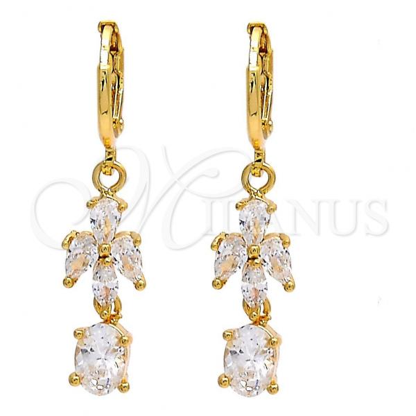 Oro Laminado Long Earring, Gold Filled Style Teardrop Design, with White Cubic Zirconia, Polished, Golden Finish, 02.221.0021