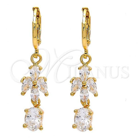 Oro Laminado Long Earring, Gold Filled Style Teardrop Design, with White Cubic Zirconia, Polished, Golden Finish, 02.221.0021