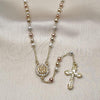 Oro Laminado Thin Rosary, Gold Filled Style Jesus and Crucifix Design, with White Crystal, Polished, Tricolor, 09.253.0049.22