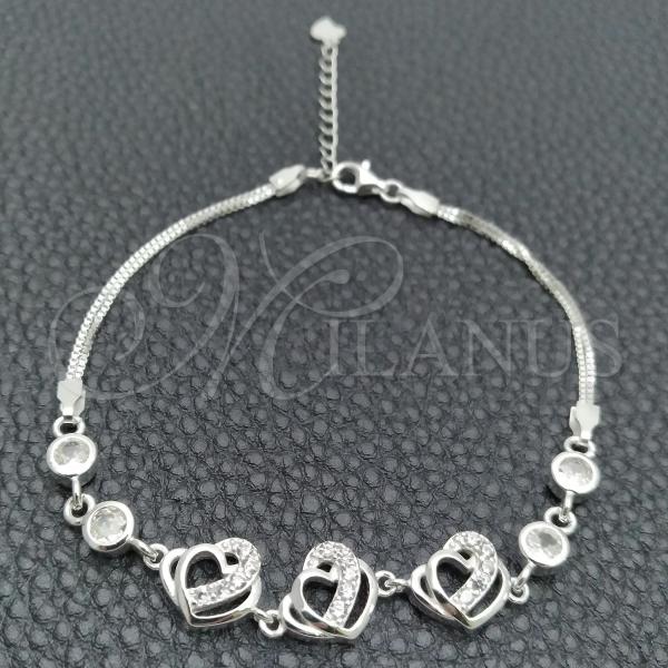 Sterling Silver Fancy Bracelet, Heart Design, with White Cubic Zirconia, Polished, Silver Finish, 03.400.0005.07