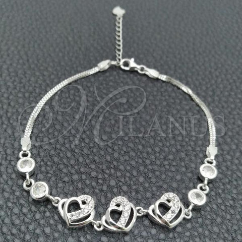 Sterling Silver Fancy Bracelet, Heart Design, with White Cubic Zirconia, Polished, Silver Finish, 03.400.0005.07