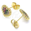 Oro Laminado Stud Earring, Gold Filled Style Heart Design, with Multicolor Micro Pave, Polished, Golden Finish, 02.210.0429.1