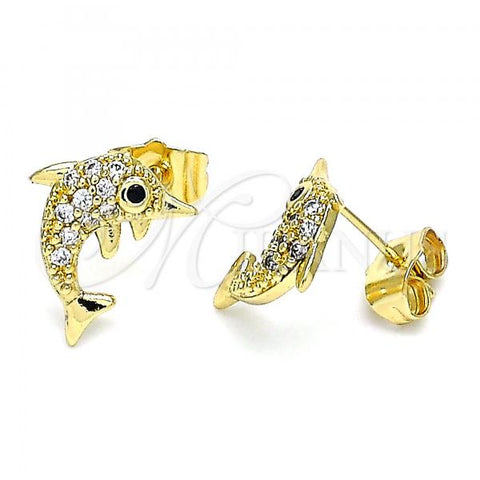Oro Laminado Stud Earring, Gold Filled Style Dolphin Design, with White and Black Micro Pave, Polished, Golden Finish, 02.284.0044