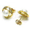 Oro Laminado Stud Earring, Gold Filled Style with Ivory Pearl and White Micro Pave, Polished, Golden Finish, 02.342.0237