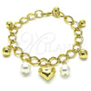 Oro Laminado Charm Bracelet, Gold Filled Style Heart and Ball Design, with Ivory Pearl, Polished, Golden Finish, 03.331.0311.09