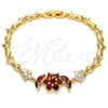 Oro Laminado Fancy Bracelet, Gold Filled Style Flower and Leaf Design, with Garnet and White Cubic Zirconia, Polished, Golden Finish, 03.210.0094.08