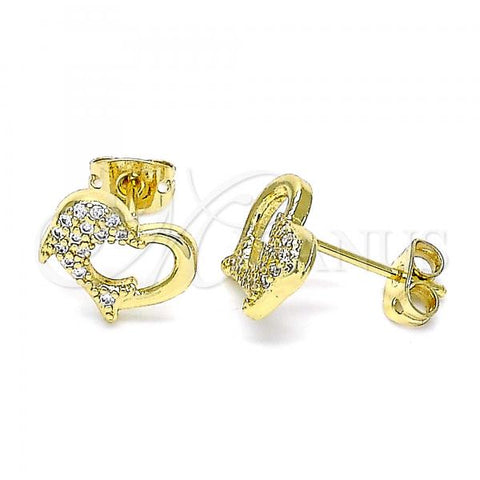 Oro Laminado Stud Earring, Gold Filled Style Dolphin Design, with White Micro Pave, Polished, Golden Finish, 02.342.0179