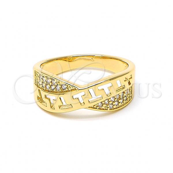 Oro Laminado Multi Stone Ring, Gold Filled Style Greek Key Design, with White Micro Pave, Polished, Golden Finish, 01.194.0005.08 (Size 8)