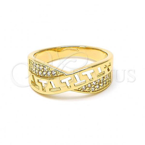 Oro Laminado Multi Stone Ring, Gold Filled Style Greek Key Design, with White Micro Pave, Polished, Golden Finish, 01.194.0005.08 (Size 8)