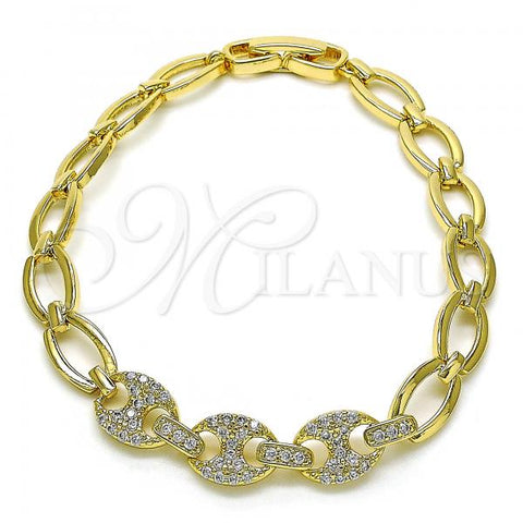 Oro Laminado Fancy Bracelet, Gold Filled Style Puff Mariner Design, with White Micro Pave, Polished, Golden Finish, 03.283.0262.07