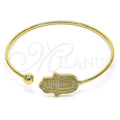 Oro Laminado Individual Bangle, Gold Filled Style Hand of God Design, with White Micro Pave, Polished, Golden Finish, 07.195.0016