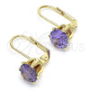 Oro Laminado Leverback Earring, Gold Filled Style with Violet Cubic Zirconia, Polished, Golden Finish, 5.128.073