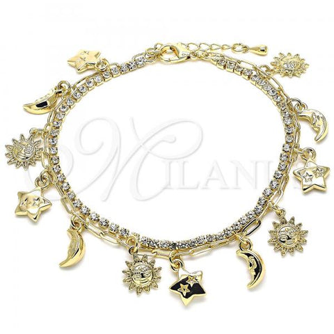 Oro Laminado Charm Anklet , Gold Filled Style Sun and Moon Design, with White Crystal, Polished, Golden Finish, 03.372.0010.10