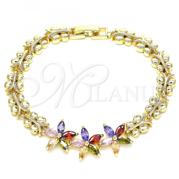 Oro Laminado Fancy Bracelet, Gold Filled Style Flower and Butterfly Design, with Multicolor Cubic Zirconia, Polished, Golden Finish, 03.210.0127.2.07