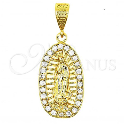 Oro Laminado Religious Pendant, Gold Filled Style Guadalupe Design, with White Cubic Zirconia, Polished, Golden Finish, 5.184.004