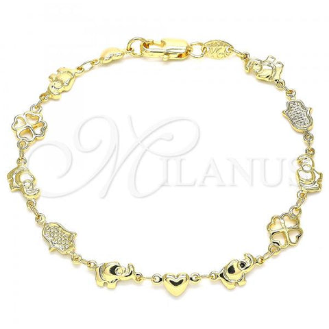 Oro Laminado Fancy Bracelet, Gold Filled Style Elephant and Heart Design, Polished, Golden Finish, 03.326.0016.07