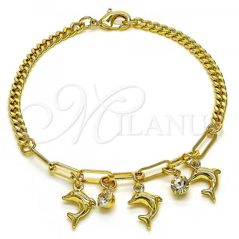 Oro Laminado Charm Bracelet, Gold Filled Style Dolphin and Paperclip Design, with White Crystal, Polished, Golden Finish, 03.63.2236.08