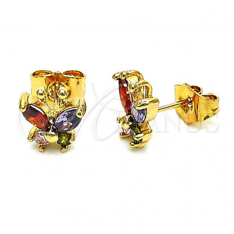 Oro Laminado Stud Earring, Gold Filled Style Butterfly Design, with Multicolor Cubic Zirconia, Polished, Golden Finish, 02.387.0105