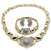 Oro Laminado Necklace, Bracelet and Earring, Gold Filled Style Heart and Hugs and Kisses Design, with White Crystal, Polished, Golden Finish, 06.372.0004