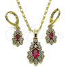 Oro Laminado Earring and Pendant Adult Set, Gold Filled Style Teardrop and Flower Design, with Ruby Cubic Zirconia and White Micro Pave, Polished, Golden Finish, 10.196.0017