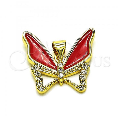 Oro Laminado Fancy Pendant, Gold Filled Style Butterfly Design, with White Micro Pave, Red Enamel Finish, Golden Finish, 05.381.0015.1