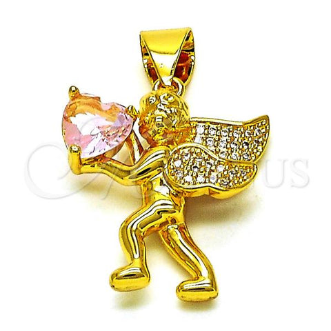 Oro Laminado Fancy Pendant, Gold Filled Style Angel and Heart Design, with White Micro Pave and Pink Cubic Zirconia, Polished, Golden Finish, 05.342.0175