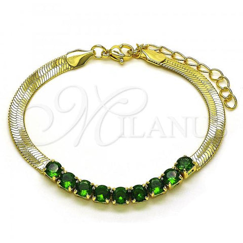 Oro Laminado Fancy Bracelet, Gold Filled Style Baguette Design, with Green Cubic Zirconia, Polished, Golden Finish, 03.341.0187.07