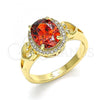 Oro Laminado Multi Stone Ring, Gold Filled Style Heart Design, with Garnet Cubic Zirconia, Polished, Golden Finish, 01.210.0122.07