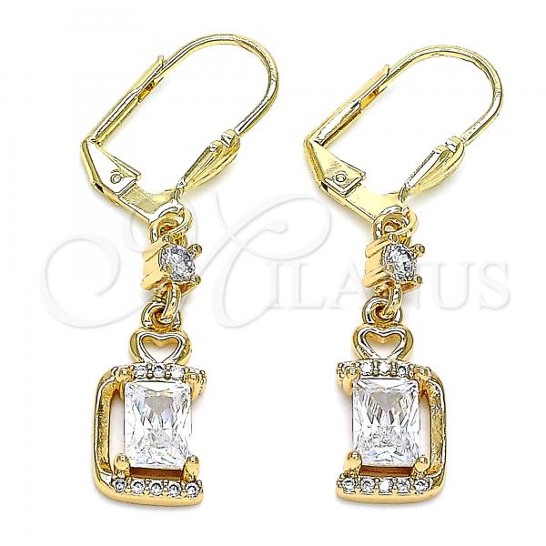 Oro Laminado Long Earring, Gold Filled Style Heart Design, with White Cubic Zirconia and White Micro Pave, Polished, Golden Finish, 02.213.0317