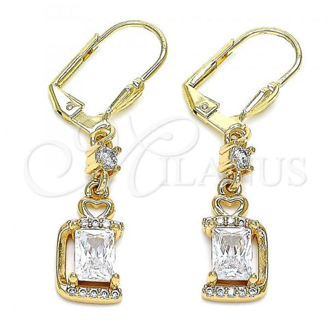 Oro Laminado Long Earring, Gold Filled Style Heart Design, with White Cubic Zirconia and White Micro Pave, Polished, Golden Finish, 02.213.0317