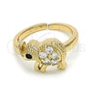 Oro Laminado Multi Stone Ring, Gold Filled Style Elephant Design, with White and Black Cubic Zirconia, Polished, Golden Finish, 01.210.0088 (One size fits all)
