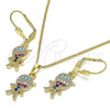 Oro Laminado Earring and Pendant Adult Set, Gold Filled Style Little Boy Design, with Multicolor Micro Pave, Polished, Golden Finish, 10.210.0143.1